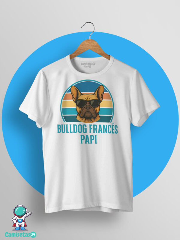 Camiseta blanca Bulldog Francés Papi con diseño retro vintage de Frenchie con gafas de sol para amantes del bulldog francés