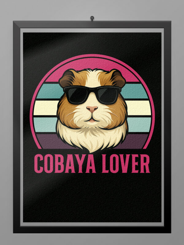 Póster Cobaya Lover estilo retro vintage con ilustración de cobaya y gafas de sol sobre fondo de colores ochenteros