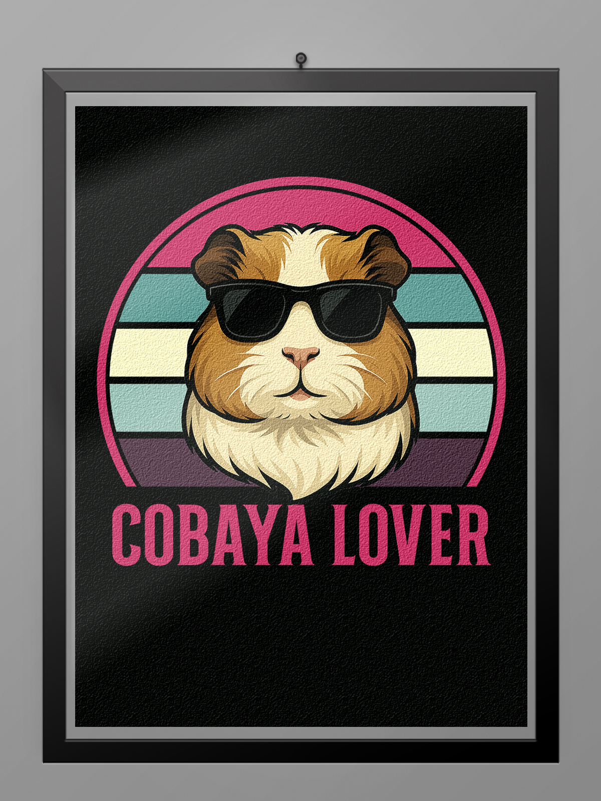 Póster Cobaya Lover estilo retro vintage con ilustración de cobaya y gafas de sol sobre fondo de colores ochenteros
