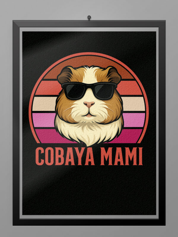 Póster Cobaya Mami con ilustración de cobaya y fondo retro vintage en tonos rosados