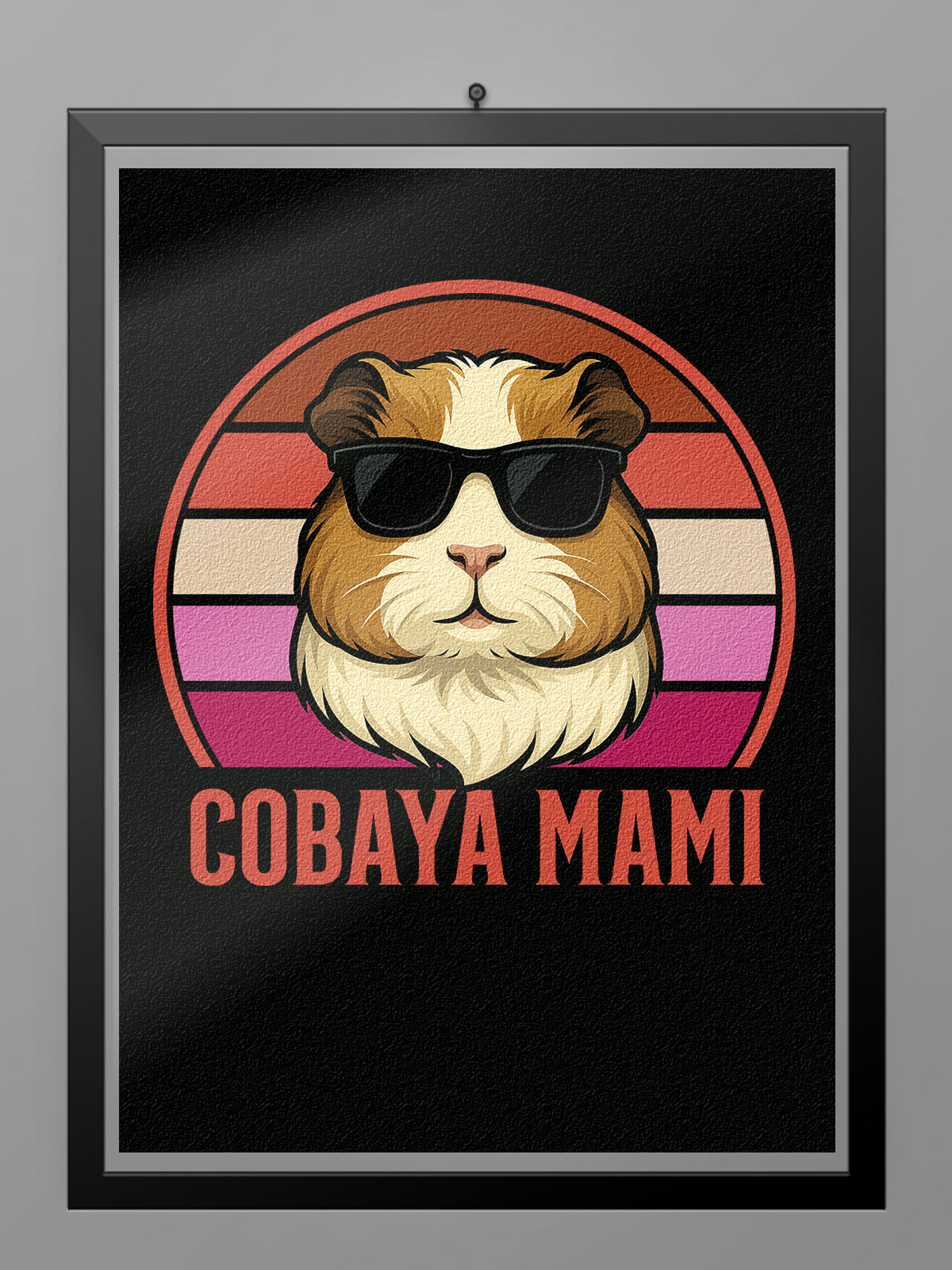 Póster Cobaya Mami con ilustración de cobaya y fondo retro vintage en tonos rosados