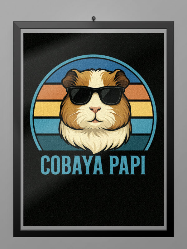 Póster Cobaya Papi con ilustración de cobaya y fondo retro vintage en tonos azules