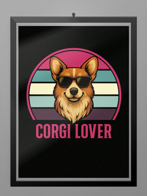 Póster Corgi Lover estilo retro vintage con ilustración de perro corgi y gafas de sol sobre fondo de colores ochenteros