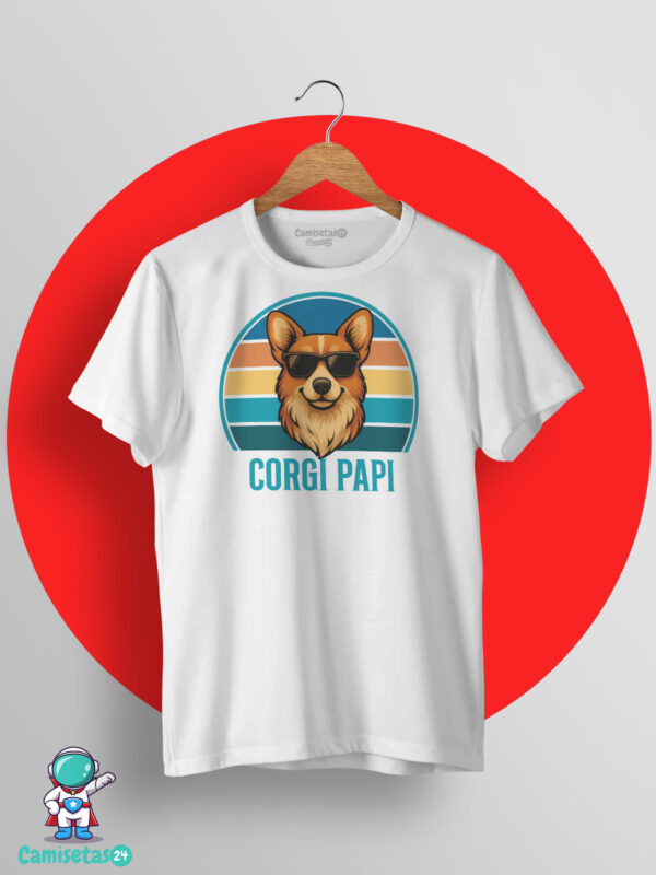 Camiseta blanca Corgi Papi con diseño retro vintage de perro corgi y gafas de sol para amantes de la raza