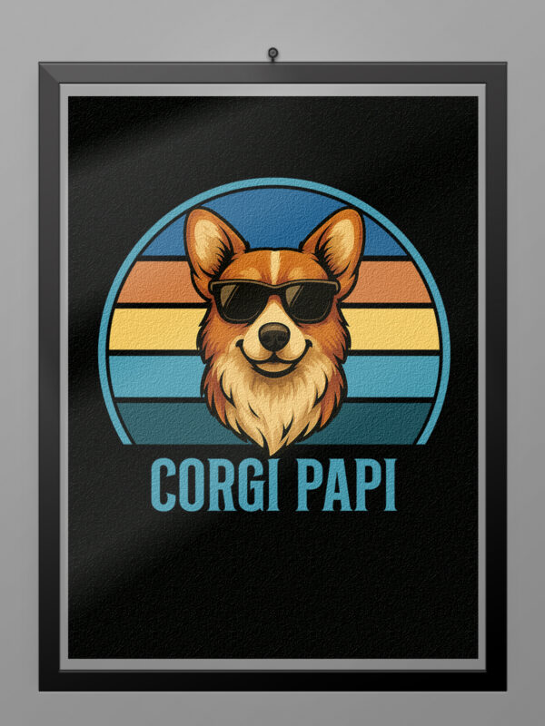 Póster Corgi Papi estilo retro vintage con ilustración de perro corgi y gafas de sol sobre fondo ochentero
