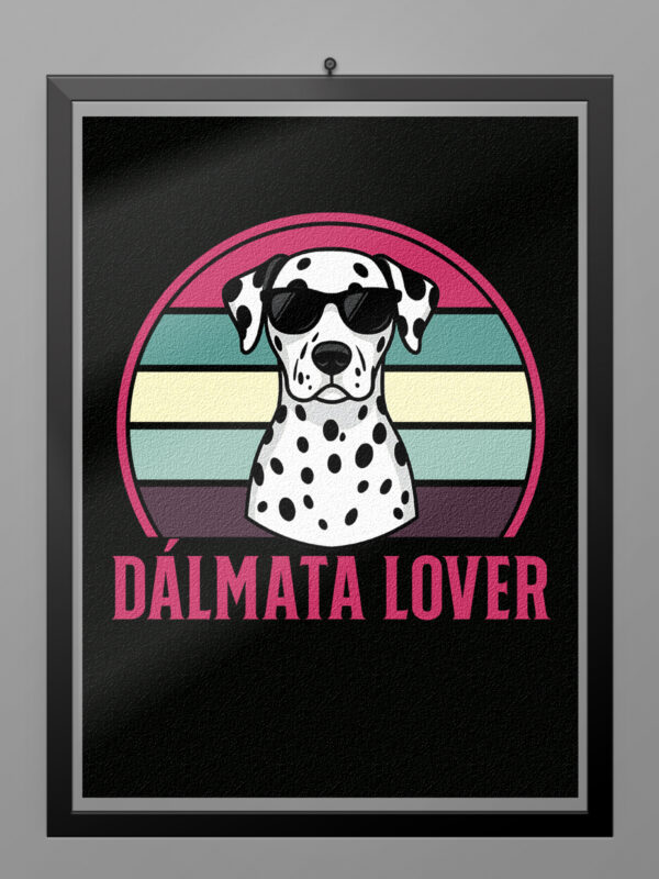 Póster Dálmata Lover estilo retro vintage con ilustración de perro dálmata y gafas de sol sobre fondo de colores ochenteros