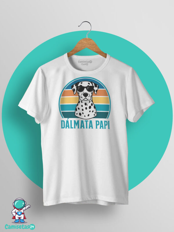 Camiseta blanca Dálmata Papi con diseño retro vintage de perro dálmata y gafas de sol para amantes de los dálmatas