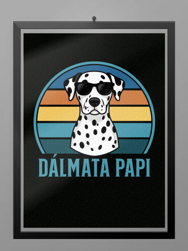 Póster Dálmata Papi estilo retro vintage con ilustración de perro dálmata y gafas de sol sobre fondo de colores ochenteros