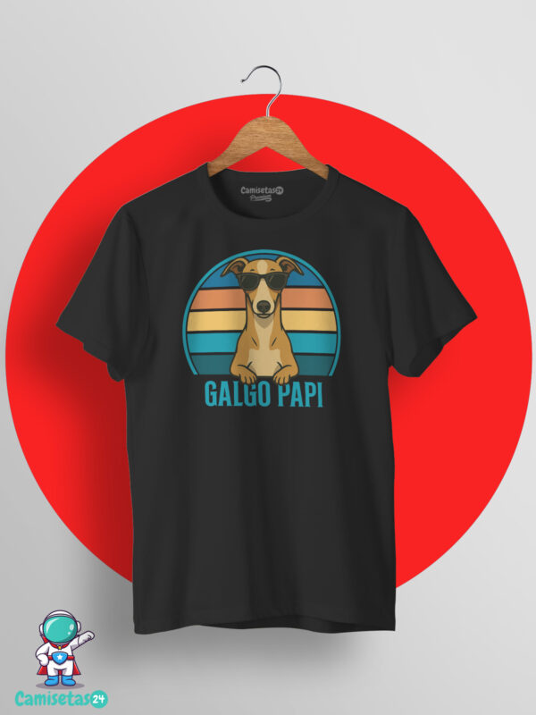 Camiseta Galgo Papi retro vintage con ilustración de un galgo con gafas de sol en impresión DTG de calidad premium
