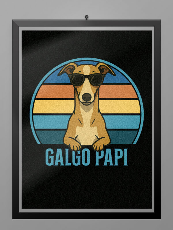 Póster Galgo Papi estilo retro vintage con ilustración de un galgo con gafas de sol sobre fondo ochentero de colores