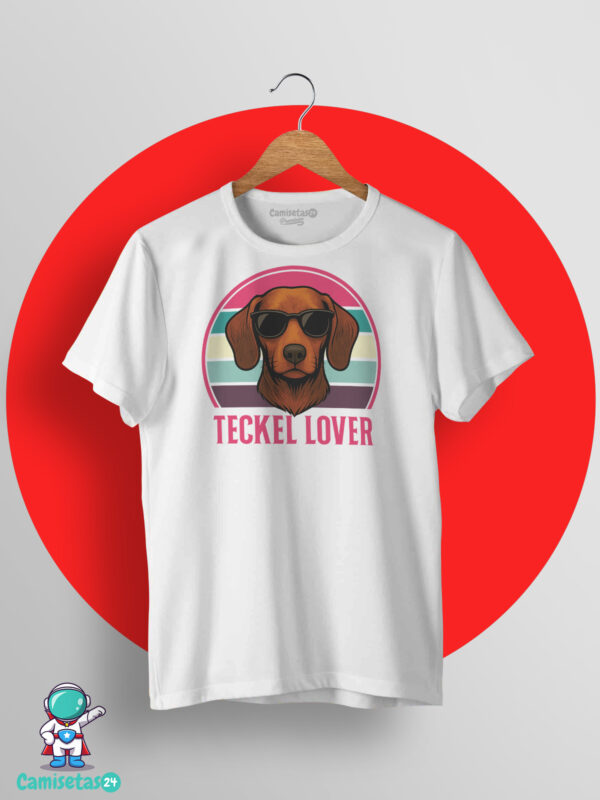 Camiseta blanca Teckel Lover con diseño retro vintage de perro salchicha y gafas de sol para amantes de los teckel