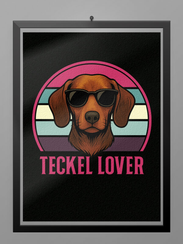 Póster Teckel Lover estilo retro vintage con ilustración de perro teckel y gafas de sol sobre fondo de colores ochenteros