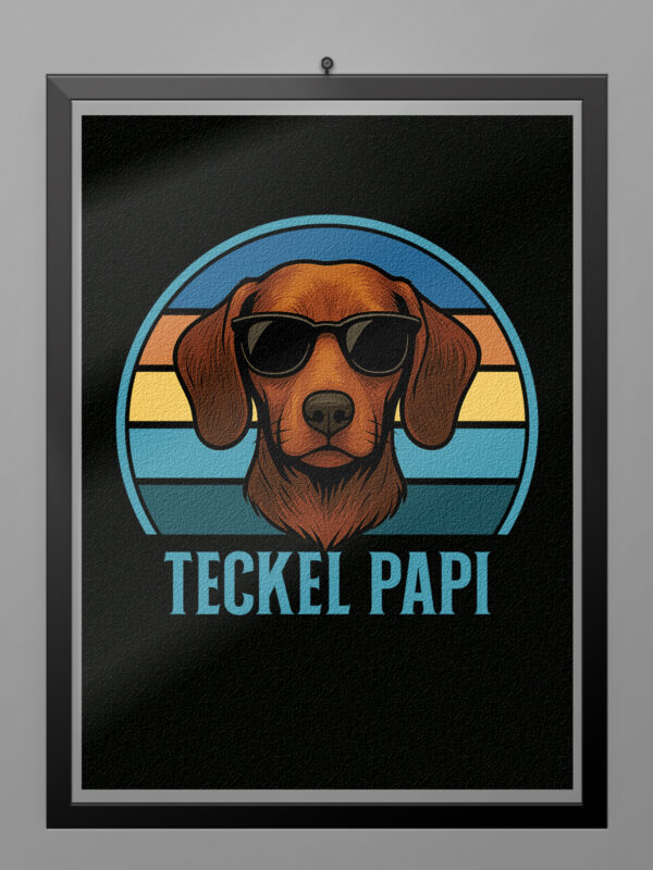 Póster Teckel Papi estilo retro vintage con ilustración de perro teckel y gafas de sol sobre fondo de colores ochenteros