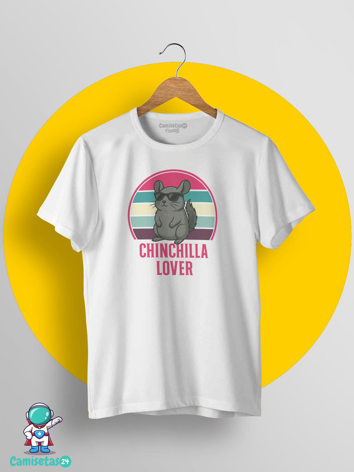 Camiseta blanca Chinchilla Lover con chinchilla y gafas de sol diseño retro vintage