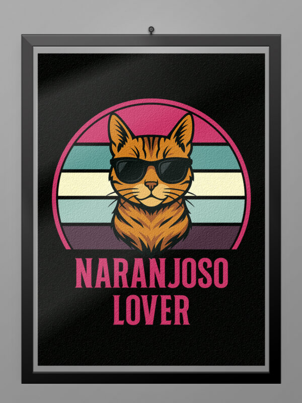 Póster Gato Naranjoso Lover estilo retro vintage con ilustración de gato naranja con gafas de sol y franjas de colores para amantes de los gatos.