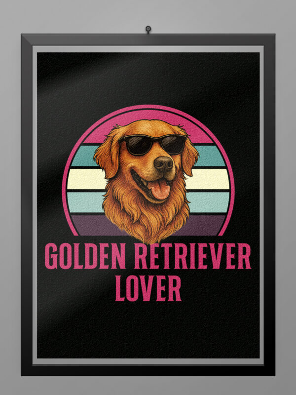 Ilustración retro de Golden Retriever Lover con fondo vintage y gafas de sol para camiseta