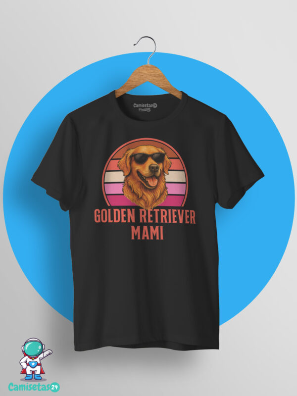 Camiseta Golden Retriever Mami retro vintage con Golden Retriever de gafas de sol y diseño original para mujeres amantes de esta raza, impresión DTG.