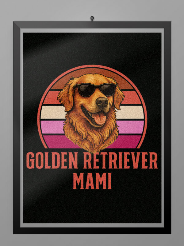 Póster Golden Retriever Mami estilo retro vintage con ilustración de Golden Retriever con gafas de sol y franjas de colores.
