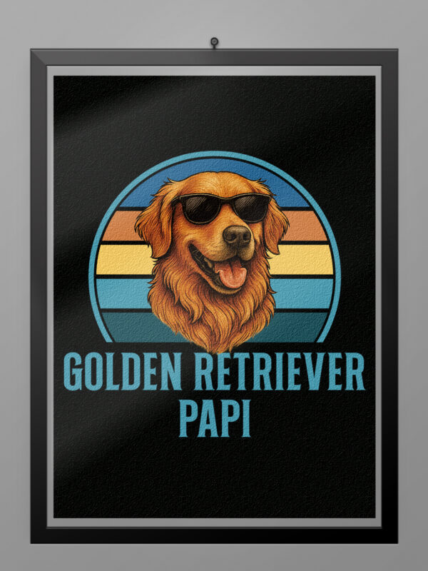 Póster Golden Retriever Papi estilo retro vintage con ilustración de Golden Retriever con gafas de sol y franjas de colores.