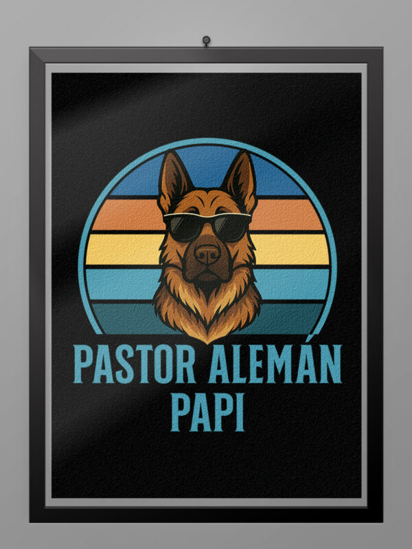 Ilustración retro de un pastor alemán con gafas de sol para camiseta Pastor Alemán Papi