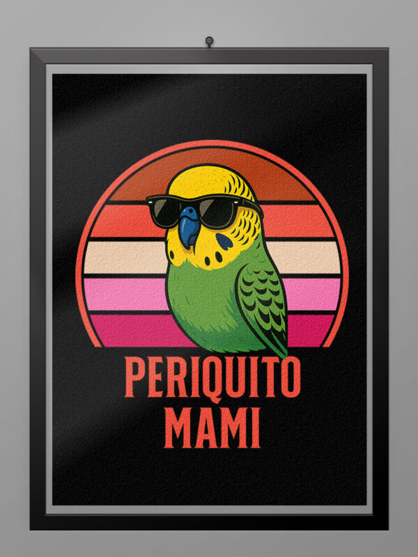 Ilustración retro de un periquito con gafas de sol para camiseta Periquito Mami